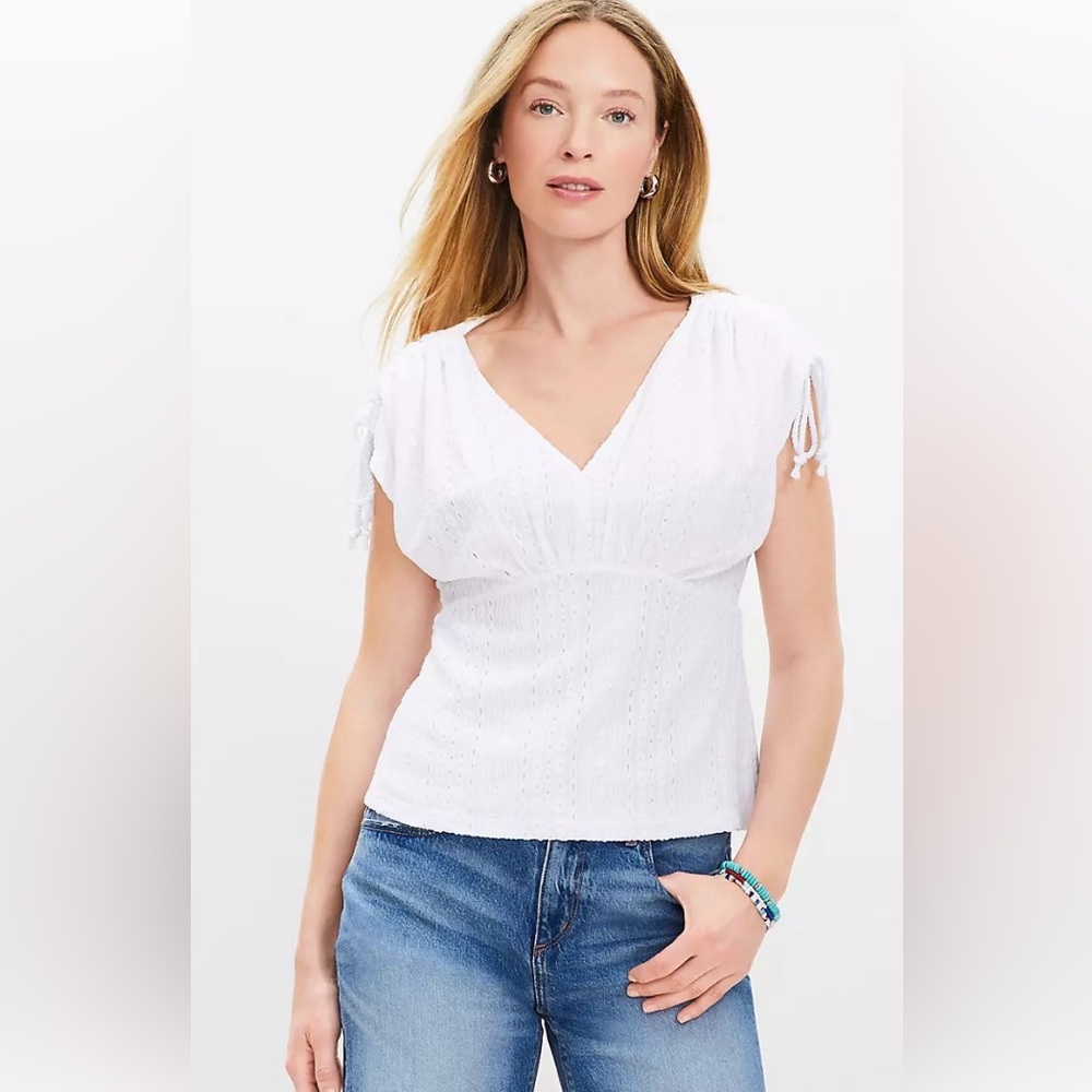 Loft Eyelet Jacquard Ruched V-Neck Top
